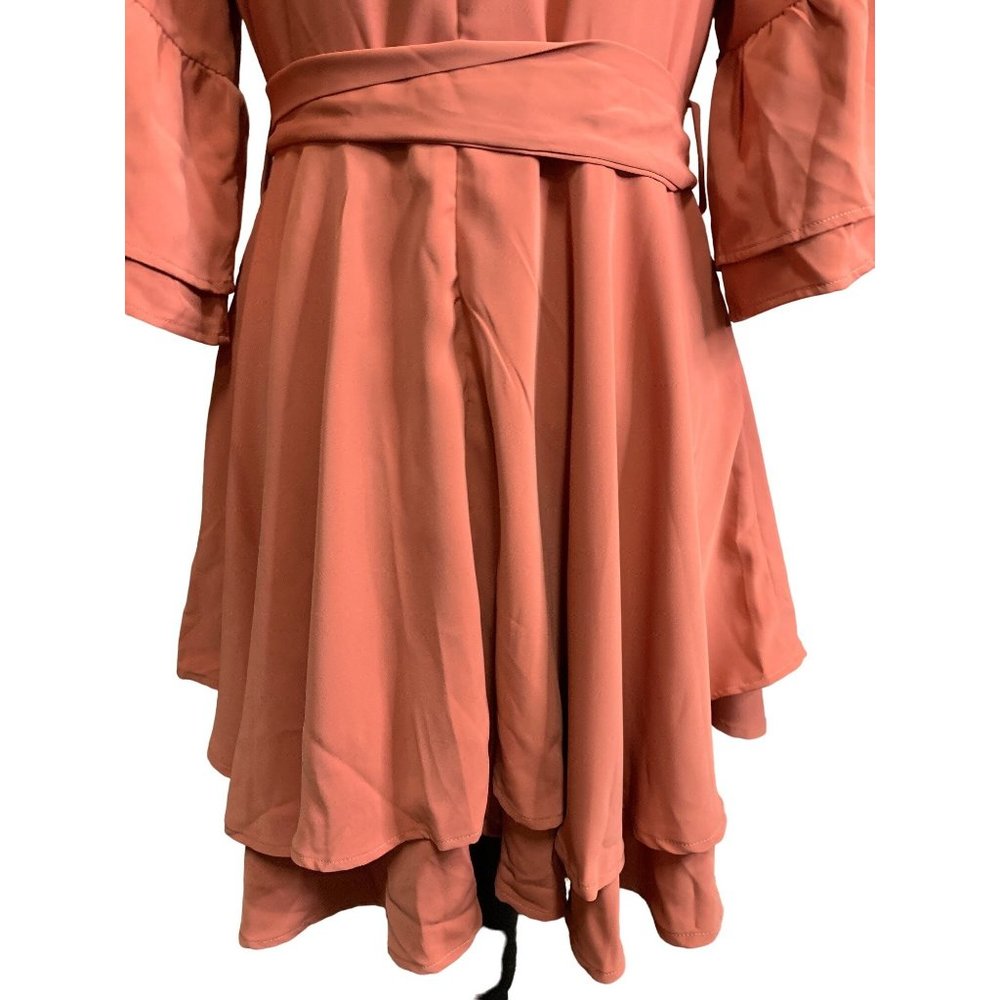 NWT Women's Dress Deep V-Neck Bell Sleeve Waist Wrap Tie Swing Mini Dresses - Picture 7 of 14